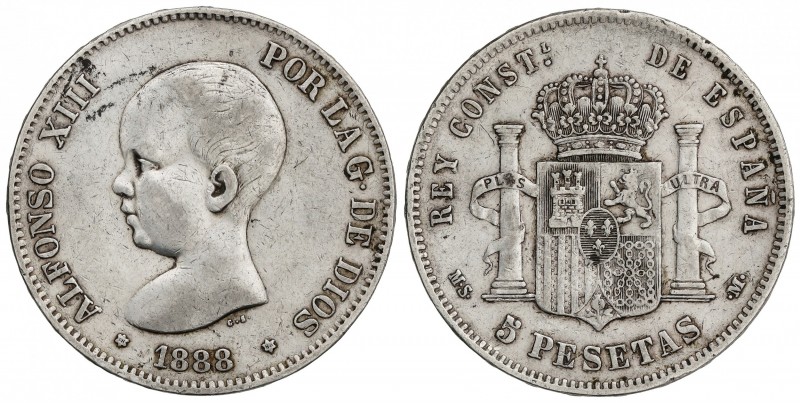 5 Pesetas. 1888 (*18-88). M.S.-M. 24,87 grs. El segundo 8 de la segunda estrella...