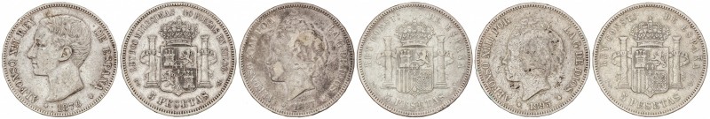 Lote 3 monedas 5 Pesetas. 1876, 1893 (2). ALFONSO XII y XIII (2). D.E-M. Y P.G-V...