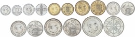 Serie 8 monedas 10 Céntimos a 100 Pesetas. (*71). En tira original F.N.M.T. La de 100 Pesetas (*19-70). PRUEBAS.