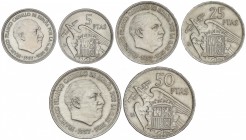 Serie 3 monedas 5, 25 y 50 Pesetas. 1957 (*BA). I Exposición Iberoamericana de Numismática y Medallística. EBC- a EBC.