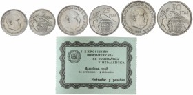 Serie 3 monedas 5, 25 y 50 Pesetas. 1957 (*BA). I Exposición Iberoamericana de Numismática y Medallística.Con entrada y sobre de celofán original. MBC...
