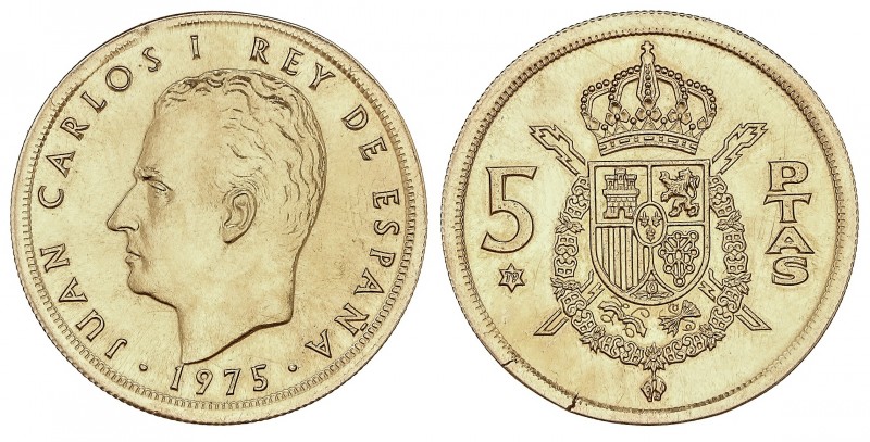 5 Pesetas. 1975 (*79). 9,10 grs. AU. ERROR: Acuñada en cospel de oro. (Leves gri...