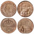 Lote 2 monedas 25 Pesetas. 1975. 4,70 y 4,56 grs. AE. ERROR: Una anverso anepígrado y la otra reverso anepígrafo. Ambas piezas presentan canto virola....