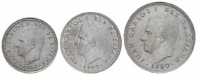 Lote 3 monedas de 1, 5 y 25 Pesetas. 1980 (*80). Al. ERROR: Acuñación en cospel de aluminio. A EXAMINAR. JBM-8.3.2d, 40.3.2d, 77.3.2d. SC .