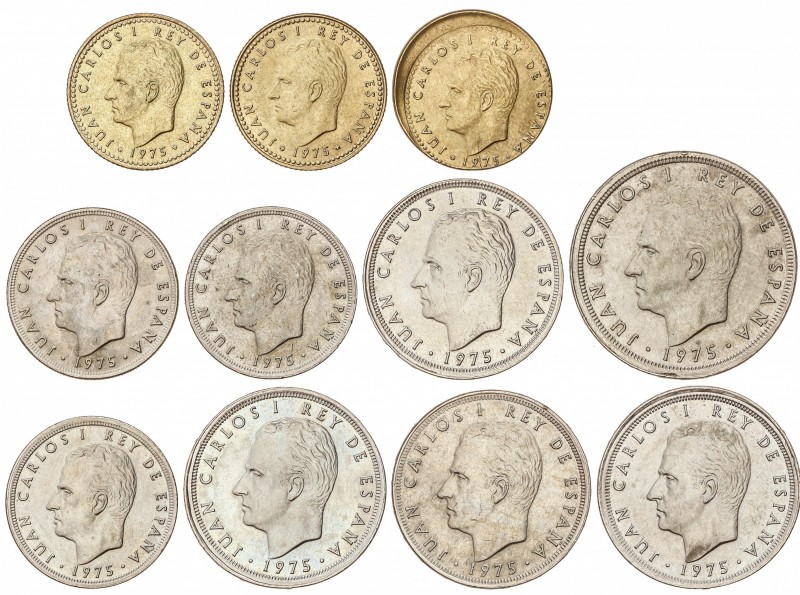 Lote 11 monedas 1 (3), 5 (3), 25 (4) y 50 Pesetas. 1975. Todas con ERROR: Revers...