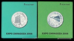 Lote 2 monedas 10 Euros. 2008. AR. Expo Zaragoza: Torre del Agua y Pabellón-Puente. En estuches originales con certificados. PROOF.