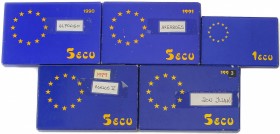 Lote 5 monedas 1 y 5 Ecu (4). 1989 a 1993. AR. 1 Ecu: 1989 y 5 Ecu: 1989, 1990, 1991 y 1993. En estuches originales, con certificado. HG-604/605, 609/...