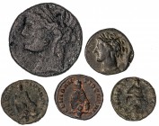 Lote 5 monedas cobre. GRECIA ANTIGUA (2) e IMPERIO ROMANO (3). AE. Incluye 1/4 Calco Ocupación Cartaginesa en Sicilia Siglo III a.C. Se-6444 sim. MBC+...