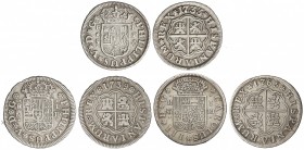 Lote 3 monedas 1 Real. 1733, 1739 y 1765. FELIPE V y CARLOS III. MADRID (2) y SEVILLA. AC-383, 455, 657. MBC a MBC+.