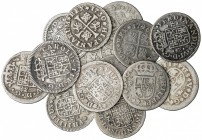 Lote 14 monedas 1/2 Real. FELIPE V, FERNANDO VI y CARLOS III. CÁDIZ, MADRID y SEVILLA. Todas diferentes. A EXAMINAR. BC a MBC.