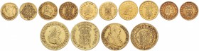 Lote 7 monedas 1/2 (5) y 2 Escudos (2). FELIPE V a CARLOS IV. Todas AU. 1/2 Escudo 1745 Sevilla P.J., 1747 Madrid J.B., 1756 Madrid J.B, 1760 Madrid J...