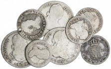 Lote 8 monedas 1/2 (5) y 1 Real (3). CARLOS III, CARLOS IV y FERNANDO VII. MADRID (4), MÉXICO (2) y SEVILLA (2). Todas con fechas diferentes. A EXAMIN...
