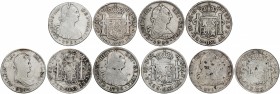 Lote 5 monedas 8 Reales. 1780 a 1814. CARLOS III, CARLOS IV y FERNANDO VII. LIMA (2) y MÉXICO (3). Dos con resellos chinos. A EXAMINAR. MBC-.