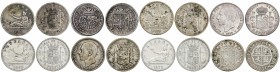 Lote 8 monedas 2 Reales (2) y 2 Pesetas (6). CARLOS III, Pretendiente a ALFONSO XII. Contiene 2 Reales Carlos III, Pretendiente Barcelona 1707, 2 Real...