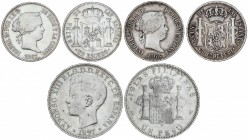Lote 3 monedas 1 Escudo, 50 Centavos de Peso y 1 Peso. 1867, 1868 y 1897. ISABEL II y ALFONSO XIII. A EXAMINAR. MBC a MBC+.