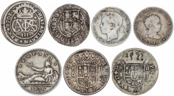 Lote 7 monedas. REYES CATÓLICOS a ALFONSO XIII. AR. Destaca 2 Reales 1708 Carlos III Pretendiente. A EXAMINAR. BC- a MBC-.