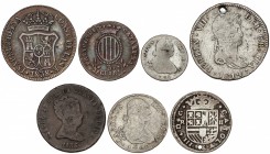 Lote 14 monedas 3 Cuartos a 4 Reales. 1711 a 1850. CARLOS III Pretendiente a ISABEL II. AE (5) y AR (9). Incluye: Carlos III Pretendiente 2 Reales 171...