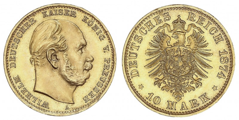 10 Marcos. 1874-A. GUILLERMO I. PRUSIA. BERLÍN. 3,97 grs. AU. (Leves golpecitos ...