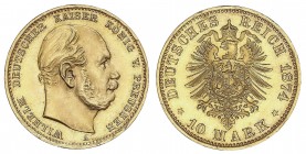 10 Marcos. 1874-A. GUILLERMO I. PRUSIA. BERLÍN. 3,97 grs. AU. (Leves golpecitos en gráfila). Fr-3822; KM-504. EBC.