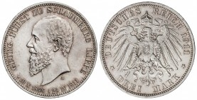 3 Marcos. 1911-A. SCHAUMBURG-LIPPE. 16,64 grs. AR. Muerte del Príncipe Jorge. Parte brillo original. KM-55. EBC+.