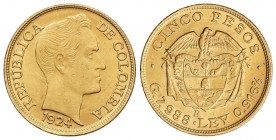 5 Pesos. 1924-B. BOGOTÁ. 7,95 grs. AU. Simón Bolívar. (Rayitas en anverso). Fr-112; KM-201.1. EBC.