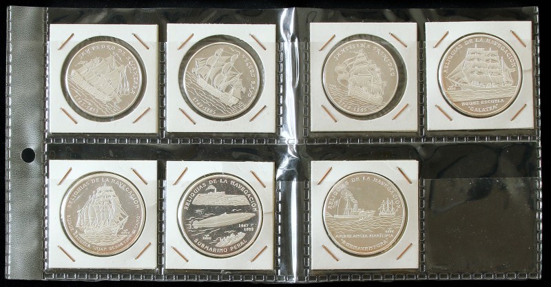Lote 7 monedas 10 Pesos. 2000. AR. Buque Elcano, Submarino Peral, Ambulancia Mar...