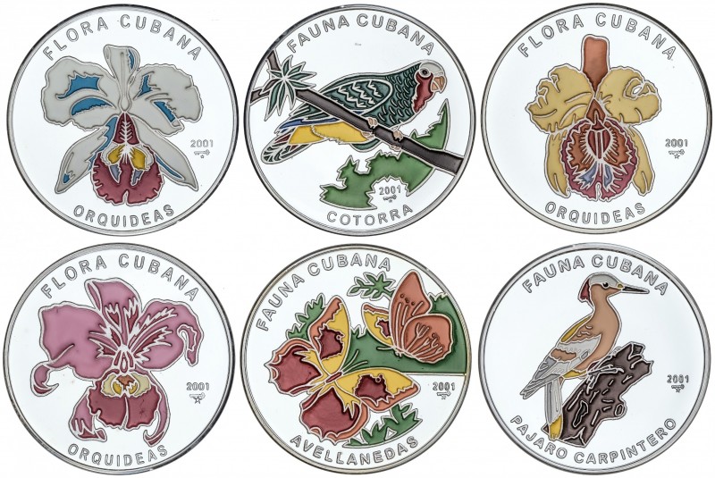 Lote 6 monedas 10 Pesos. 2001. AR. Fauna y Flora Cubana: Avellanedas, Pájaro Car...