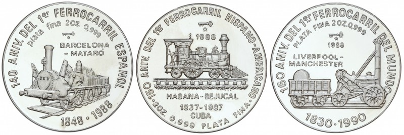 Lote 3 monedas 20 Pesos. 1988. AR. 140 aniversario del Primer Ferrocarril Españo...