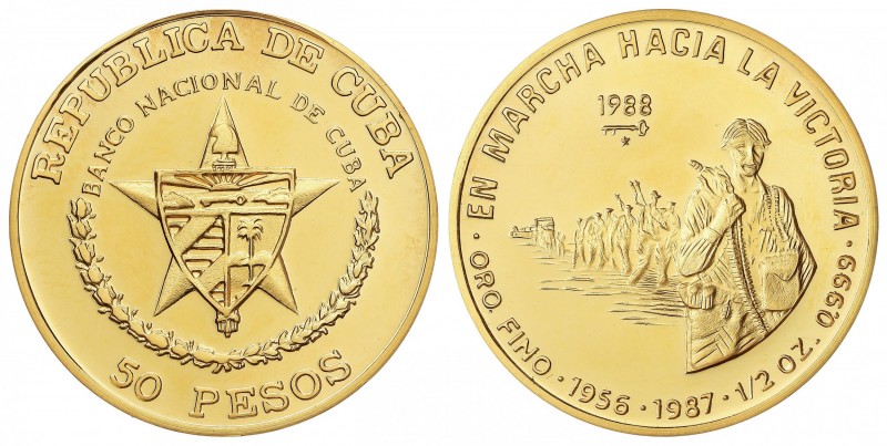 50 Pesos. 1988. 15,46 grs. AU. 30 aniversario ´En marcha hacia la victoria´. Tir...