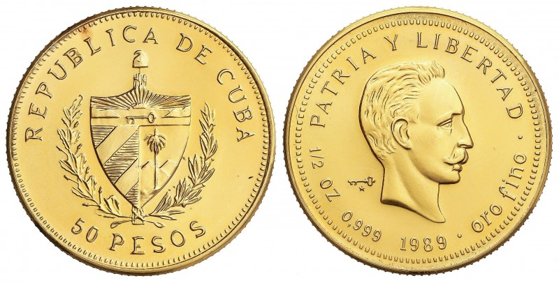 50 Pesos. 1989. 15,46 grs. AU. José Martí. Tirada: 150 piezas. RARA. Fr-21; KM-2...