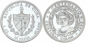 50 Pesos. 1990. 155,56 grs. AR. V Centemario Descubrimiento de América - Cristóbal Colón. Tirada: 2.000 piezas. KM-294. PROOF.