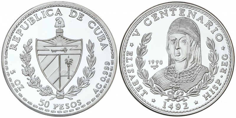 50 Pesos. 1990. 155,47 grs. AR. V Centenario Descubrimiento de América - Isabel ...