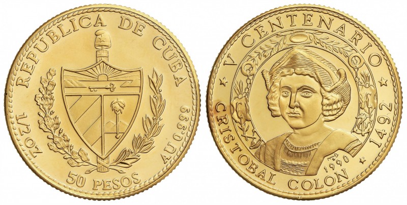 50 Pesos. 1990. 15,52 grs. AU. V Centenario Cristóbal Colón. Tirada: 250 piezas....