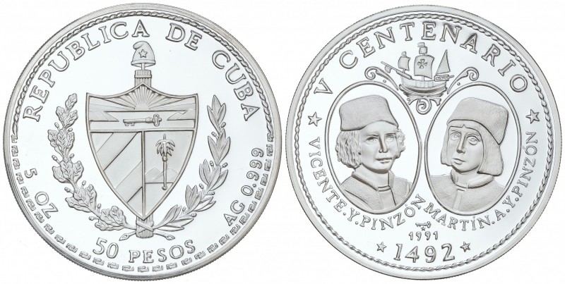 50 Pesos. 1991. 155,23 grs. AR. V Centenario Descubrimiento América - Hermanos P...