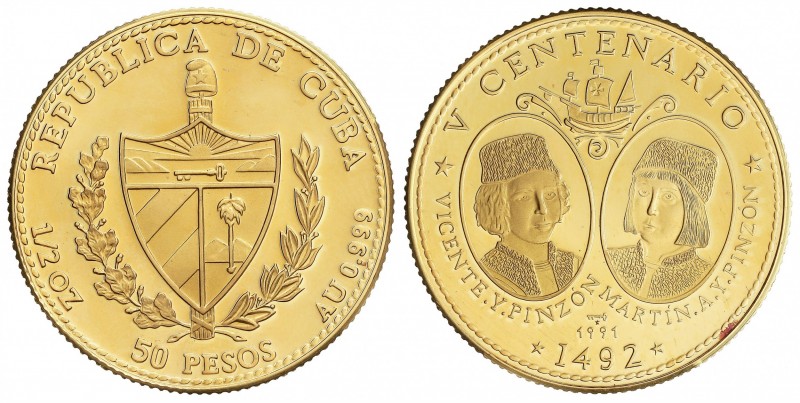 50 Pesos. 1991. 15,57 grs. AU. V Centenario hermanos Pinzón. Tirada: 200 piezas....