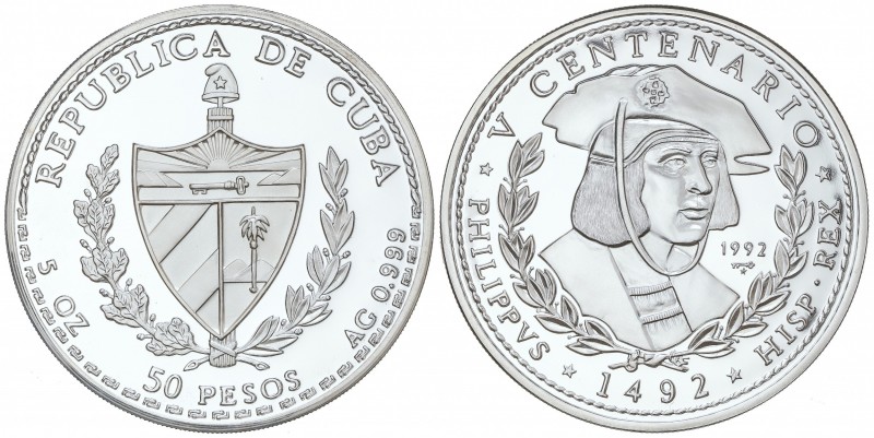 50 Pesos. 1992. 155,73 grs. AR. V Centenario Descubrimiento América - Felipe I. ...