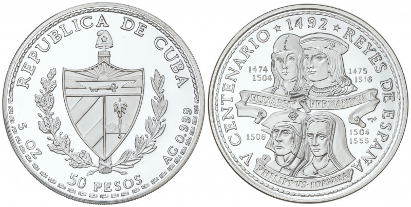 50 Pesos. 1992. 155,62 grs. AR. V Centenario Descubrimiento América - Fernando e...