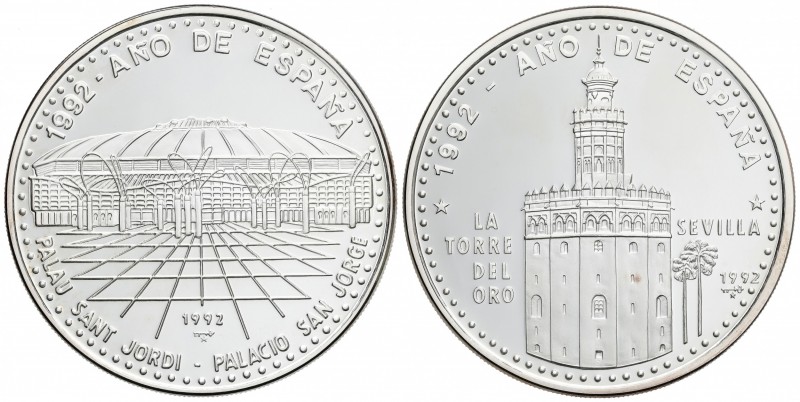 Lote 2 monedas 50 Pesos. 1992. AR. Estadio Olímpico de Barcelona y la Giralda de...