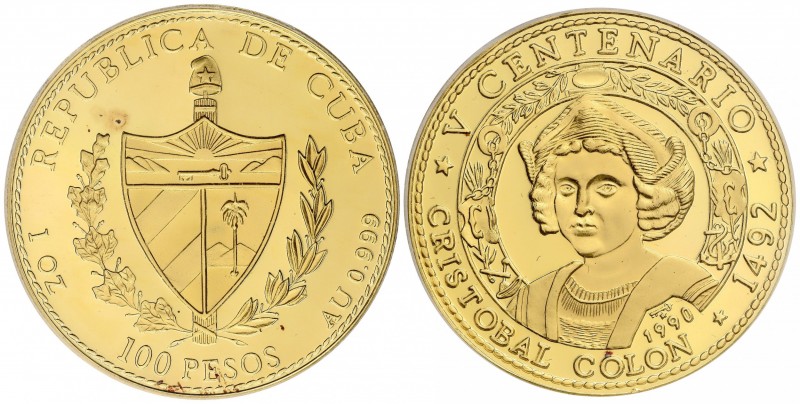 100 Pesos. 1990. AU. V Centenario Cristóbal Colón. Encapsulada por PCGS (777937....