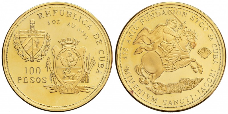 100 Pesos. 1993. 31,09 grs. AU. 478 aniversario Fundación Santiago de Cuba. Tira...