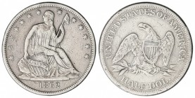 1/2 Dólar. 1862. 12 grs. AR. Libertad sentada. (Limpiada). ESCASA. KM-A68. MBC-.