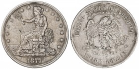 Dólar de Comercio. 1877-S. SAN FRANCISCO. 27,05 grs. AR. (Pequeños golpecitos). KM-108. MBC.