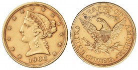 5 Dólares. 1906. 8,34 grs. AU. (Leves rayitas). Fr-143; KM-101. MBC+.