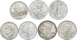 Lote 6 monedas 1 Dólar (4), 1 Onza (2). 1976 a 2013. AR. Eisenhower, libertad andando (3), 2 monedas 1 Onza: Indio y locomotora. A EXAMINAR. KM-206, 2...