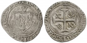 Blanca a la Corona. (1845). CARLOS VIII. Anv.: Escudo de armas rodeado de tres coronas. Rev.: Cruz con coronas y lirios. 2,18 grs. AR. Dup-587. MBC-/M...
