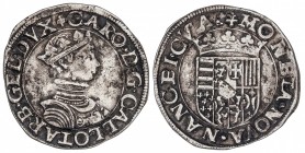 Testón. (1545-1608). CARLOS III DE LORRAINE. NANCY. 9 grs. AR. Efigie juvenil. (Golpecitos). Pátina. (MBC-).