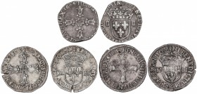 Lote 3 monedas 1/4 Ecu. 1604-H, 1605-C y 1606-L. ENRIQUE IV. AR. A EXAMINAR. MBC- a MBC.