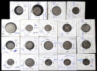 Lote 19 monedas 5 Soles a 1/4 de Ecu. 1644 a 1713. LUIS XIV. VARIAS CECAS. AR. De tamaño pequeño. A EXAMINAR. BC+ a MBC.