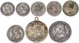 Lote 8 monedas 12 (2), 15 (3) Soles, 1/5 y 1/2 Ecu (2). 1784 a 1792. LUIS XVI. VARIAS CECAS. AR. A EXAMINAR. KM-562.1 (2), 568.2, 568.8, 569.12, 604.5...