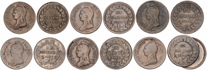 Lote 6 monedas 1 Décimo. Br. An 4-A con rectificación de valor, An 7-A, An 8-A, ...